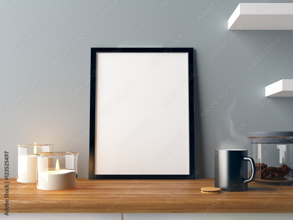 Obraz premium Mock up poster, coffee mug on the table and candles, gray wall, interior rendering