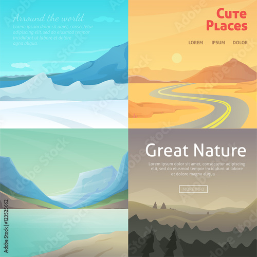 Set Cute Cartoon landscapes with mountain. vector collection of nature