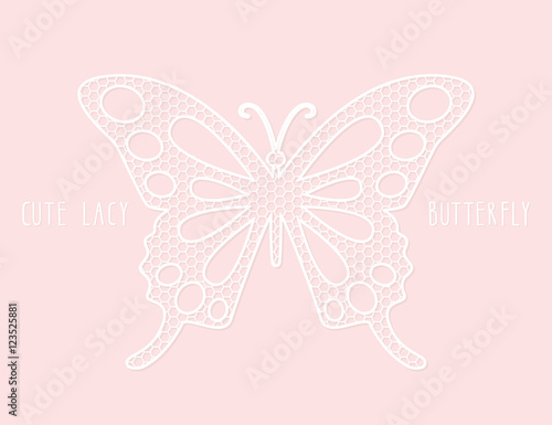 Lacy laser cutout butterfly on pastel pink. Decorative element for girls.