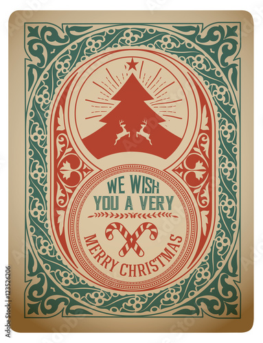 Christmas greeting card. vintage ornament decoration with Merry