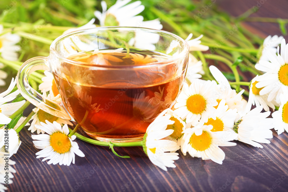 Chamomile tea in a transparent cup. The concept of herbal medicine. Chamomile tea in a transparent cup. The concept of herbal medicine.
