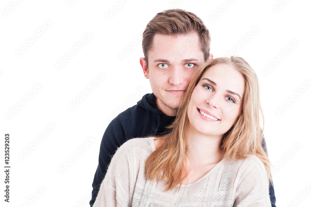 Portrait of happy beautiful couple smiling and posing Portrait of happy beautiful couple smiling and posing