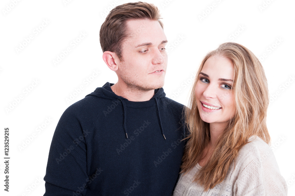 Woman smiling and being happy with her man Woman smiling and being happy with her man