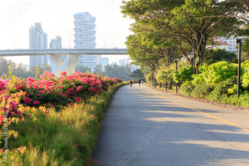 Photography People working out at sunny Marina Bay East park at sunset