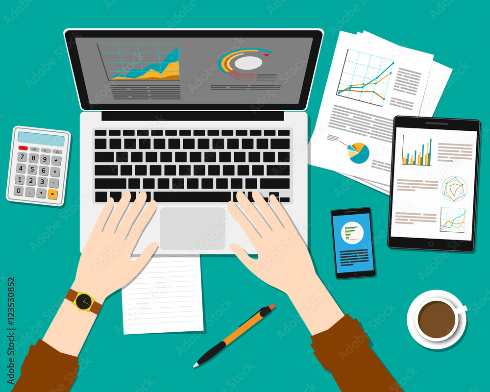 Analyzing project, online stock trader, financial report and strategy, financial analytics,  market research and planning documents. Flat design modern vector illustration concept.
