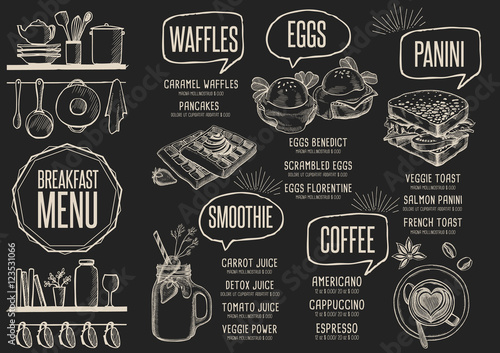 Menu breakfast restaurant, food template placemat.