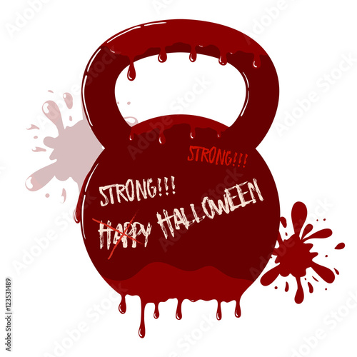 Bloody kettlebell with happy Halloween text.