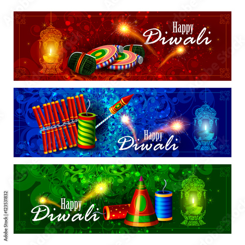 Decorated diya with cracker for Happy Diwali holiday background