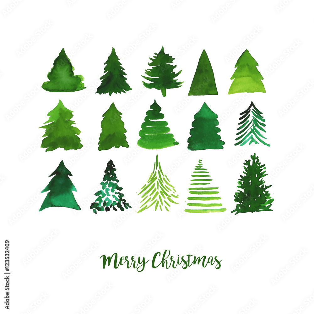 Obraz premium Watercolor vector illustration of Christmas trees. Merry Christmas and Happy New Year greeting card.