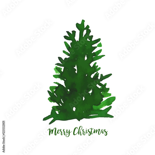 Watercolor vector illustration of Christmas tree. Merry Christmas and Happy New Year greeting card.