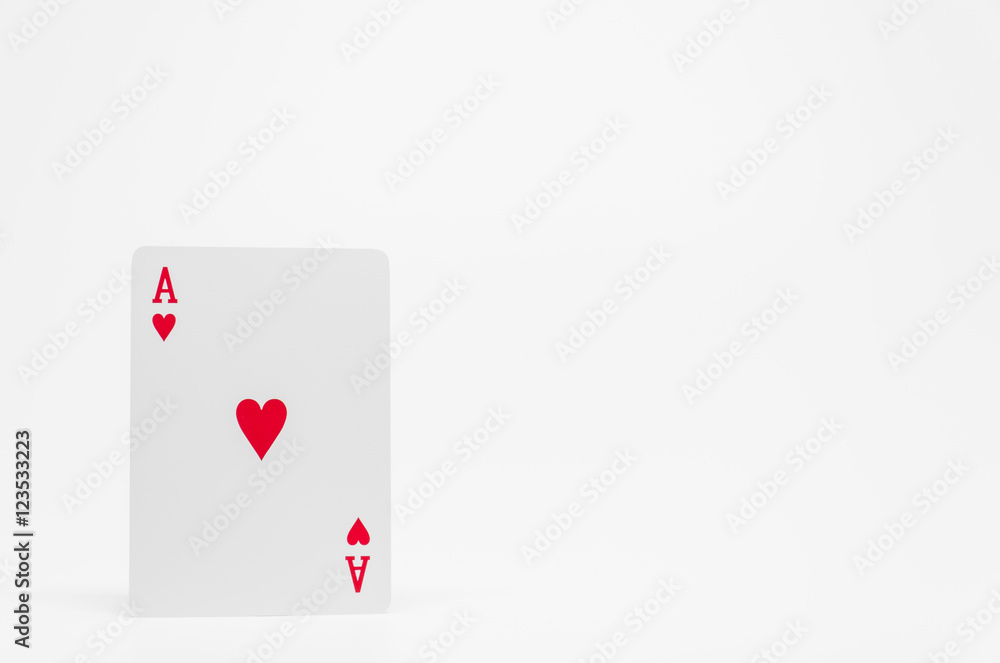 Red heart Ace card on white background and selective focus
