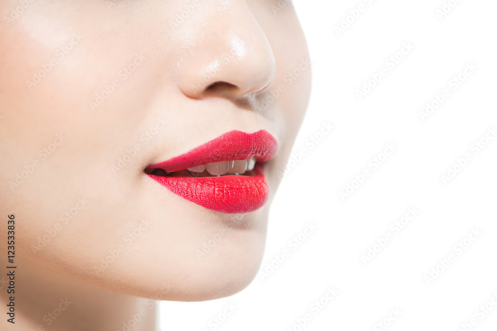 Obraz premium closeup portrait of young woman's lips zone make up