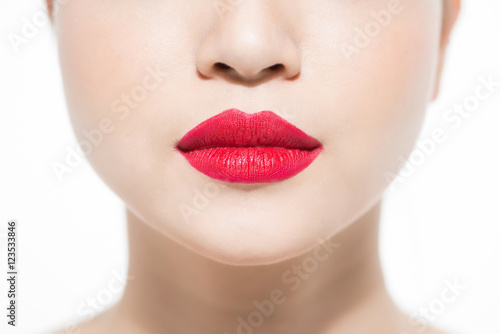 closeup portrait of young woman s lips zone make up