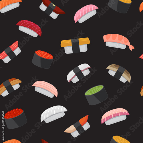 Seamless pattern for sushi menu. Japanese cuisine background. Vector illustration, flat style.