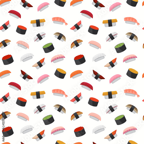 Seamless pattern for sushi menu. Japanese cuisine background. Vector illustration, flat style.