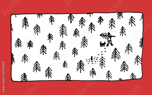 Man with his dog takes a christmas tree from the forest. 