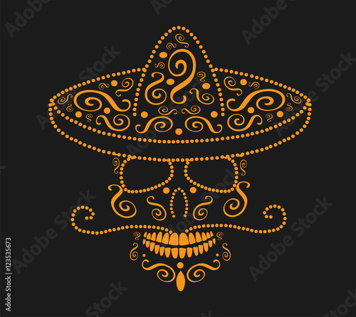 Mexican skull with sombrero, Day of the dead neon orange color