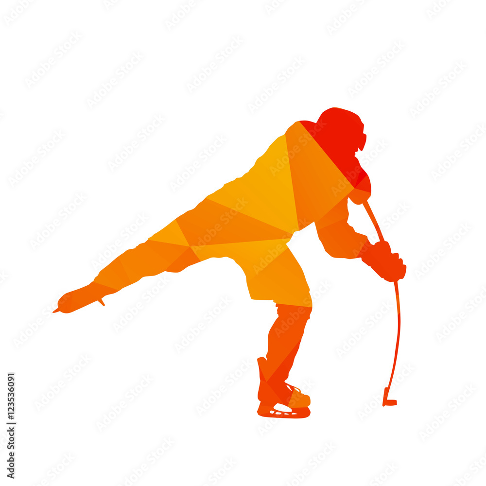 Obraz premium Polygonal ice hockey player, abstract orange isolated vector sil