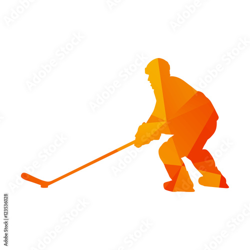 Polygonal ice hockey player, abstract orange isolated vector sil