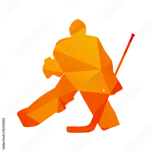 Polygonal ice hockey goalie, abstract orange isolated vector sil