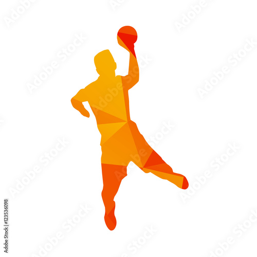 Polygonal handball player, abstract orange isolated vector silho
