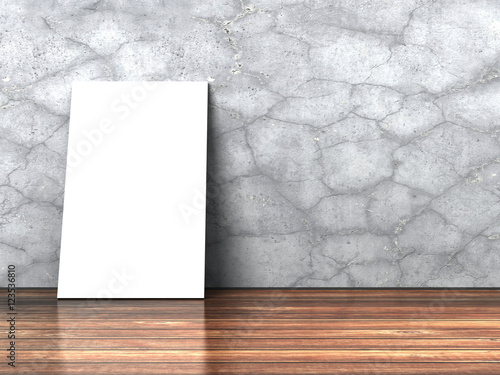 Blank white poster billbord on wooden floor and concrete wall photo