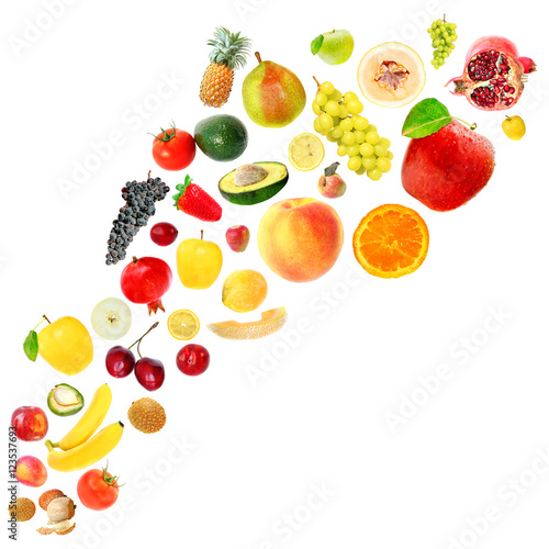 Assorted fruit like flying isolated on a white background