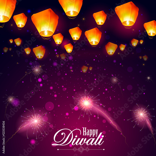Floating lamp and firework in Diwali holiday night