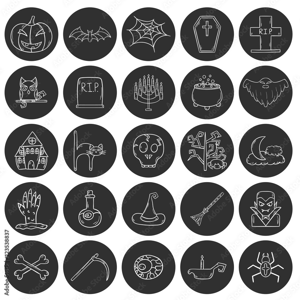 Naklejka premium Vector cartoon hand drawn Halloween icons