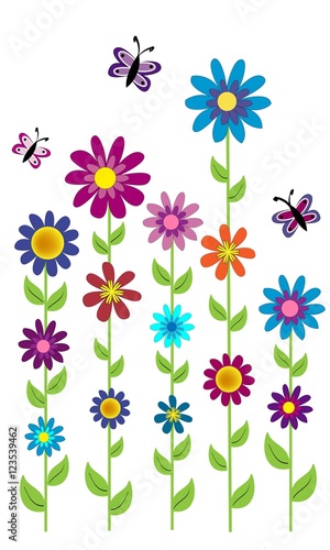Fototapeta Naklejka Na Ścianę i Meble -  Flores de colores con tallo largo y mariposas.