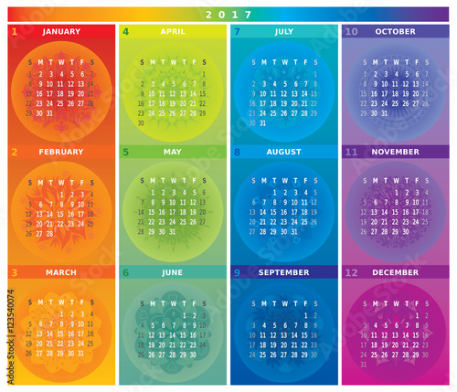 Calendrier 2017 avec Mandalas - Couleurs Arc-en-Ciel Format 4 Trimestres