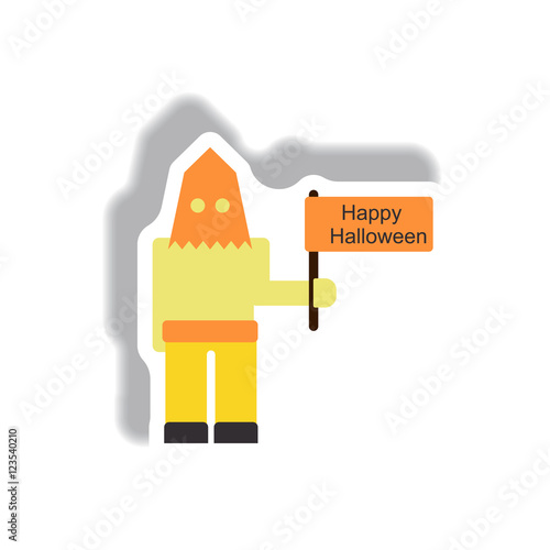 Vector illustration paper sticker Halloween icon Executioner with happy halloween flag