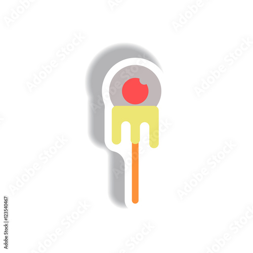 Vector illustration paper sticker Halloween icon Bloody eyeball on stick