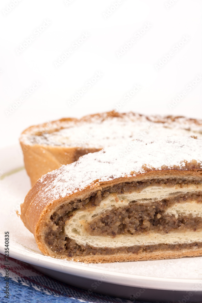 Closeup macro strudel with walnuts with copy space