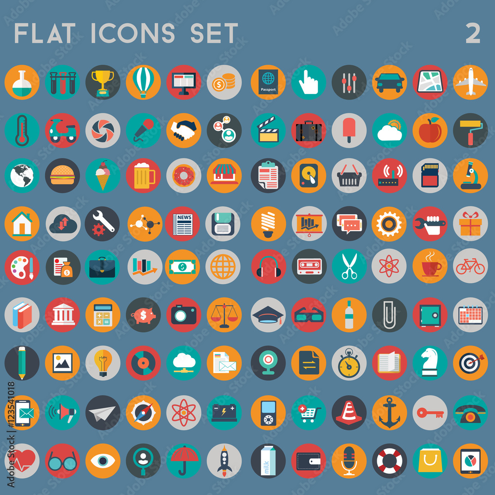 Flat icons design modern vector illustration big set of various financial service items, web and technology development, business management symbol, marketing items and office equipment on background Flat icons design modern vector illustration big set of various financial service items, web and technology development, business management symbol, marketing items and office equipment on background
