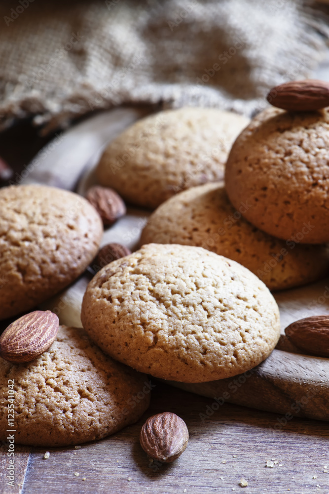 Homemade cookies with nuts, dark wood background, selective focu Homemade cookies with nuts, dark wood background, selective focu