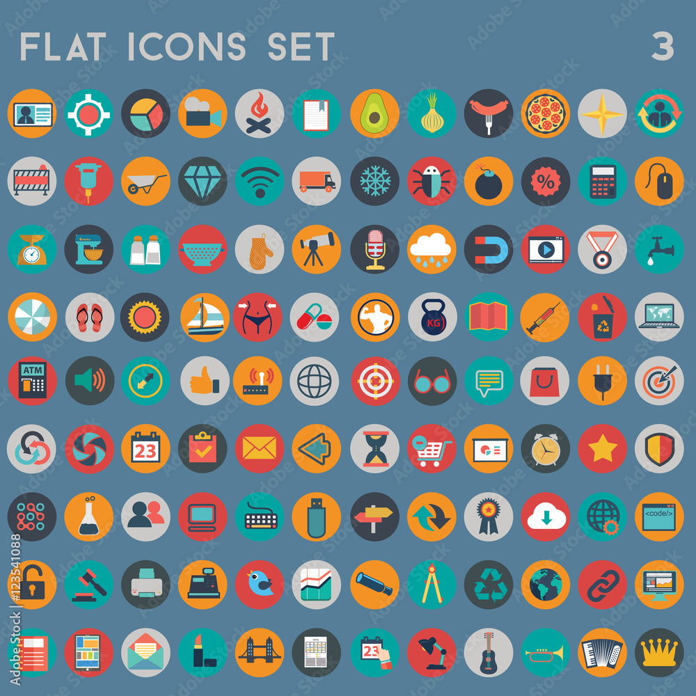 Flat icons design modern vector illustration big set of various financial service items, web and technology development, business management symbol, marketing items and office equipment on background Flat icons design modern vector illustration big set of various financial service items, web and technology development, business management symbol, marketing items and office equipment on background