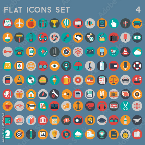 Flat icons design modern vector illustration big set of various financial service items, web and technology development, business management symbol, marketing items and office equipment on background