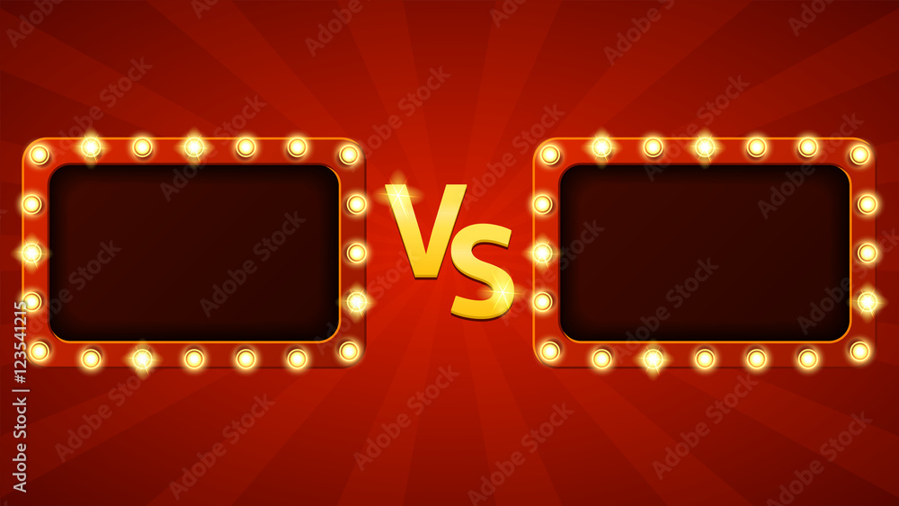 Versus letters fight background. Vector illustration with glowing lamps. Decorative banner with shining lights in vintage style.