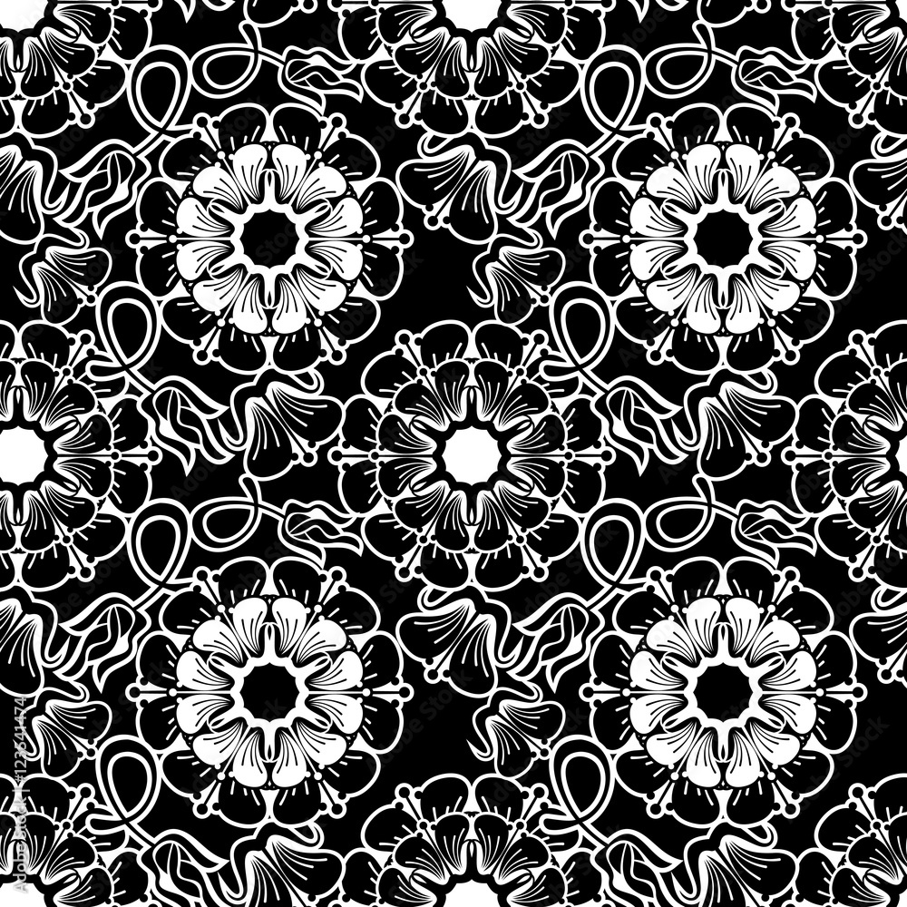 Black and white floral seamless pattern. 