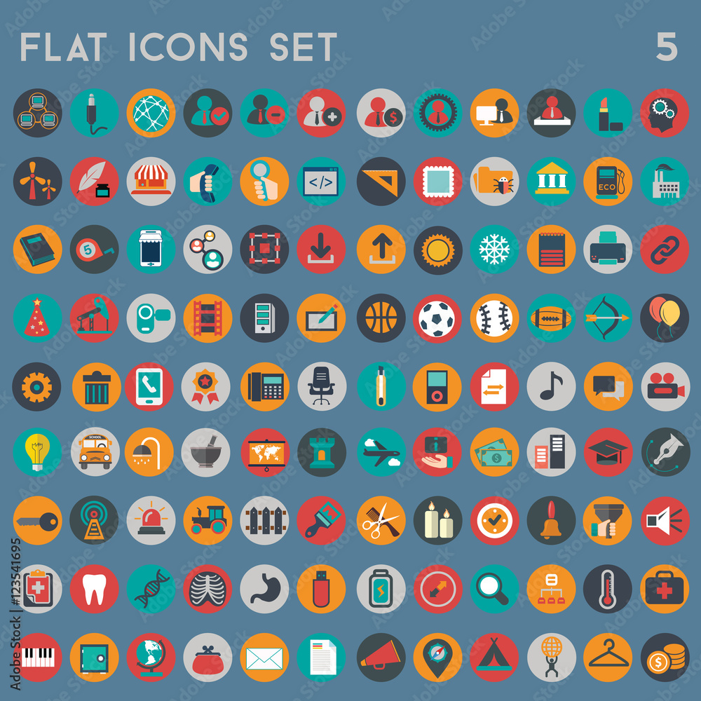 Flat icons design modern vector illustration big set of various financial service items, web and technology development, business management symbol, marketing items and office equipment on background Flat icons design modern vector illustration big set of various financial service items, web and technology development, business management symbol, marketing items and office equipment on background