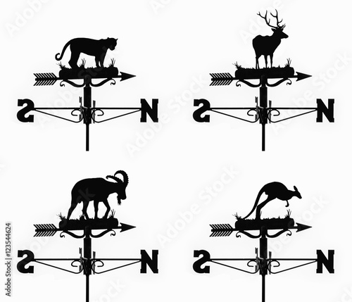 isolated windvanes in the form of jaguar, deer, goat and kangroo photo