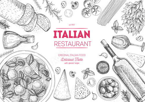 Italian cuisine top view frame. Italian food menu design. Vintage hand drawn sketch vector illustration. photo