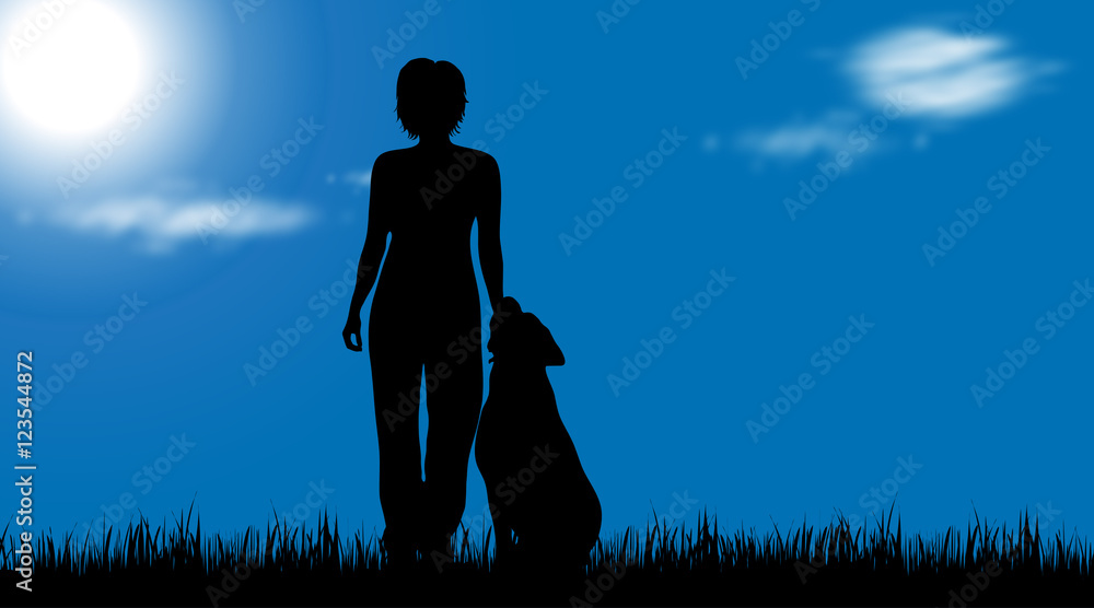 Vector silhouette of woman with dog.