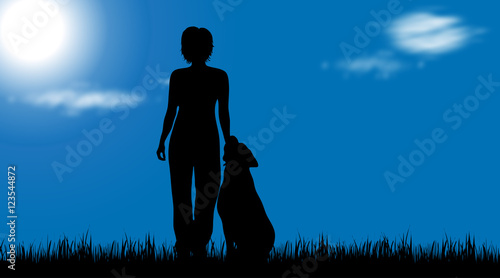 Vector silhouette of woman with dog.