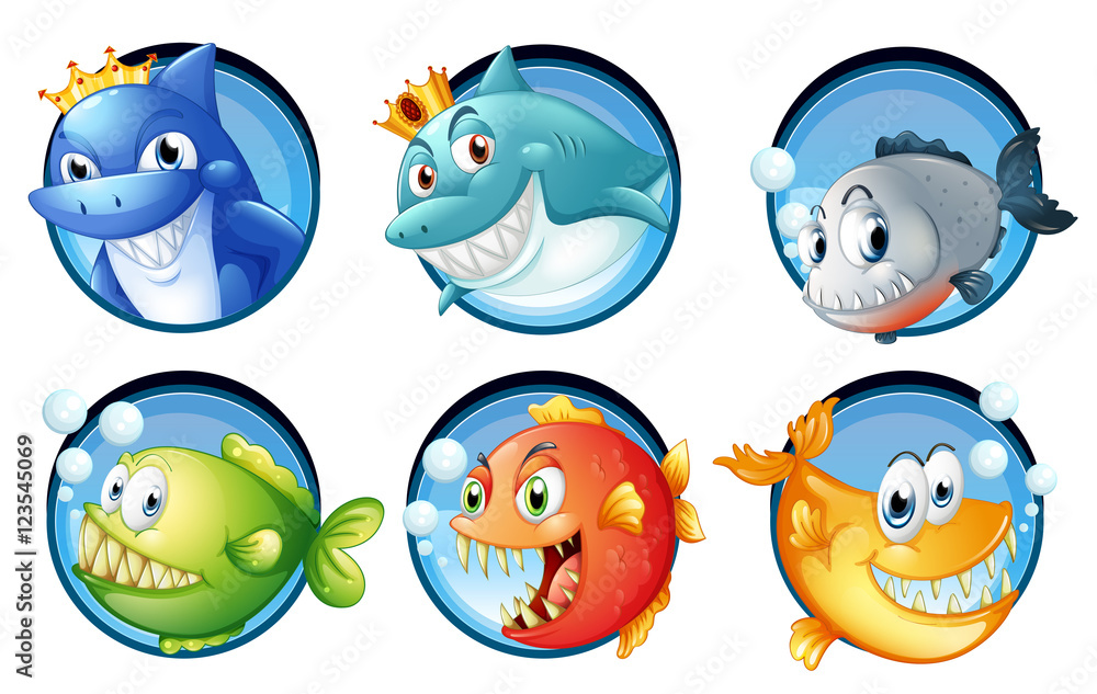 Fototapeta premium Sea animals on round badges