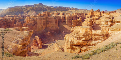 Charyn canyon in Almaty region of Kazakhstan. Beautiful view of the canyon from the observation deck upstairs photo