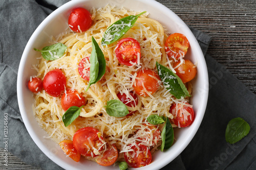 pasta with cheese and tomato top view