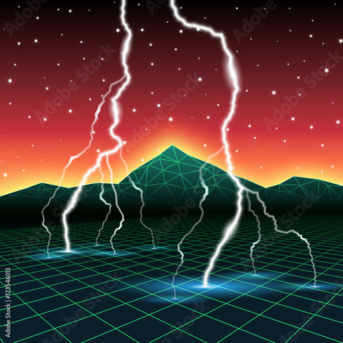 Neon new retro wave computer landscape with lightning