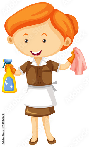 Maid with cleaning cloth and spray bottle